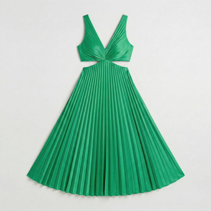 Damen Midikleid mit V-Ausschnitt, Plissee und rückenfreiem Cutout