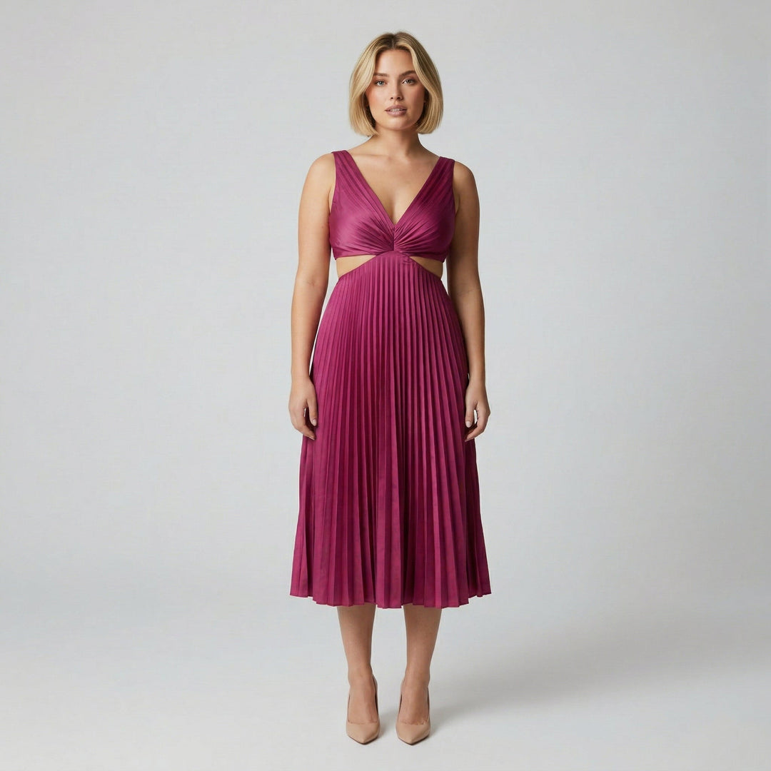Magentafarbenes Midikleid mit V-Ausschnitt, Cutout und Plisseerock, Vorderansicht