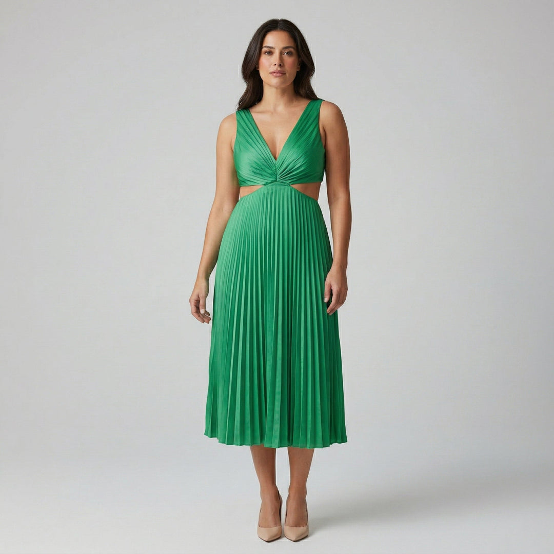 Grünes Midikleid mit V-Ausschnitt, seitlichem Cutout und Plisseerock, Vorderansicht