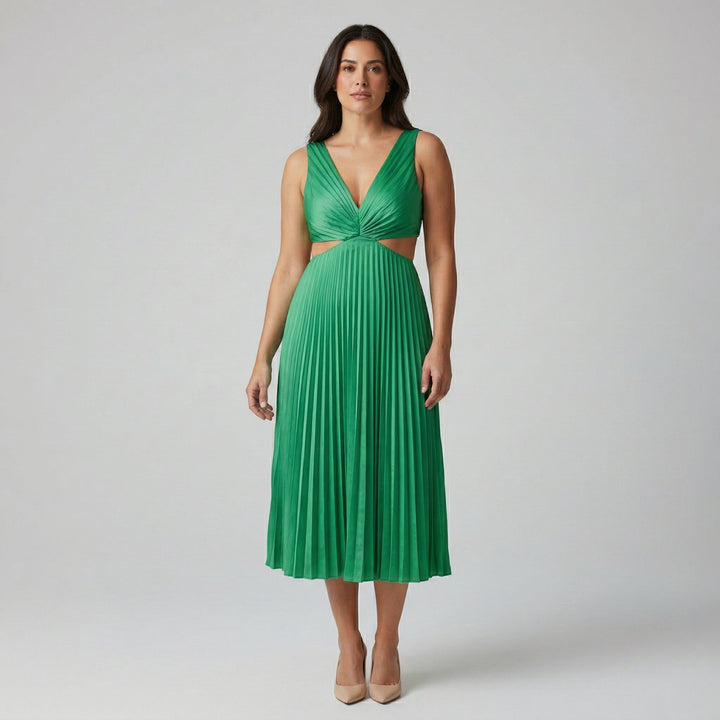 Grünes Midikleid mit V-Ausschnitt, seitlichem Cutout und Plisseerock, Vorderansicht