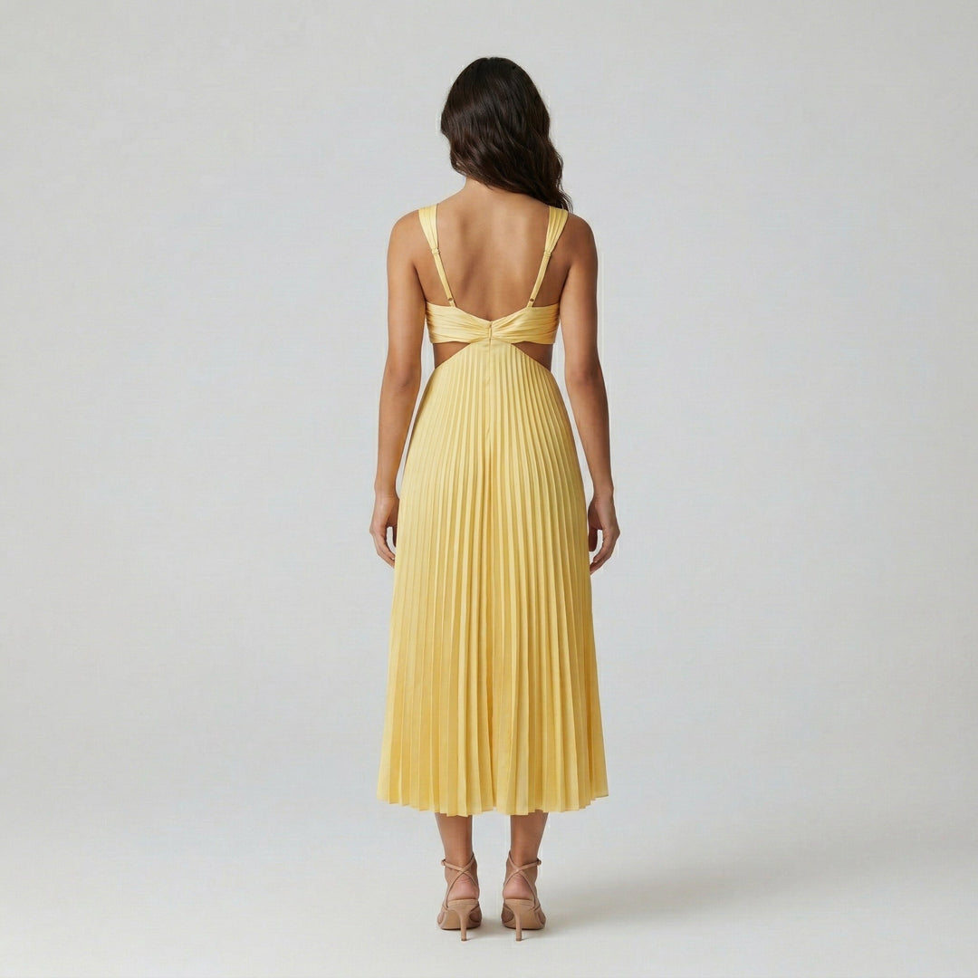 Gelbes Midikleid mit rückenfreiem Detail und Plisseerock, Rückenansicht