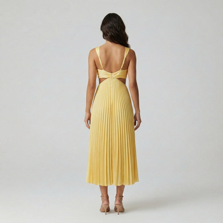 Gelbes Midikleid mit rückenfreiem Detail und Plisseerock, Rückenansicht