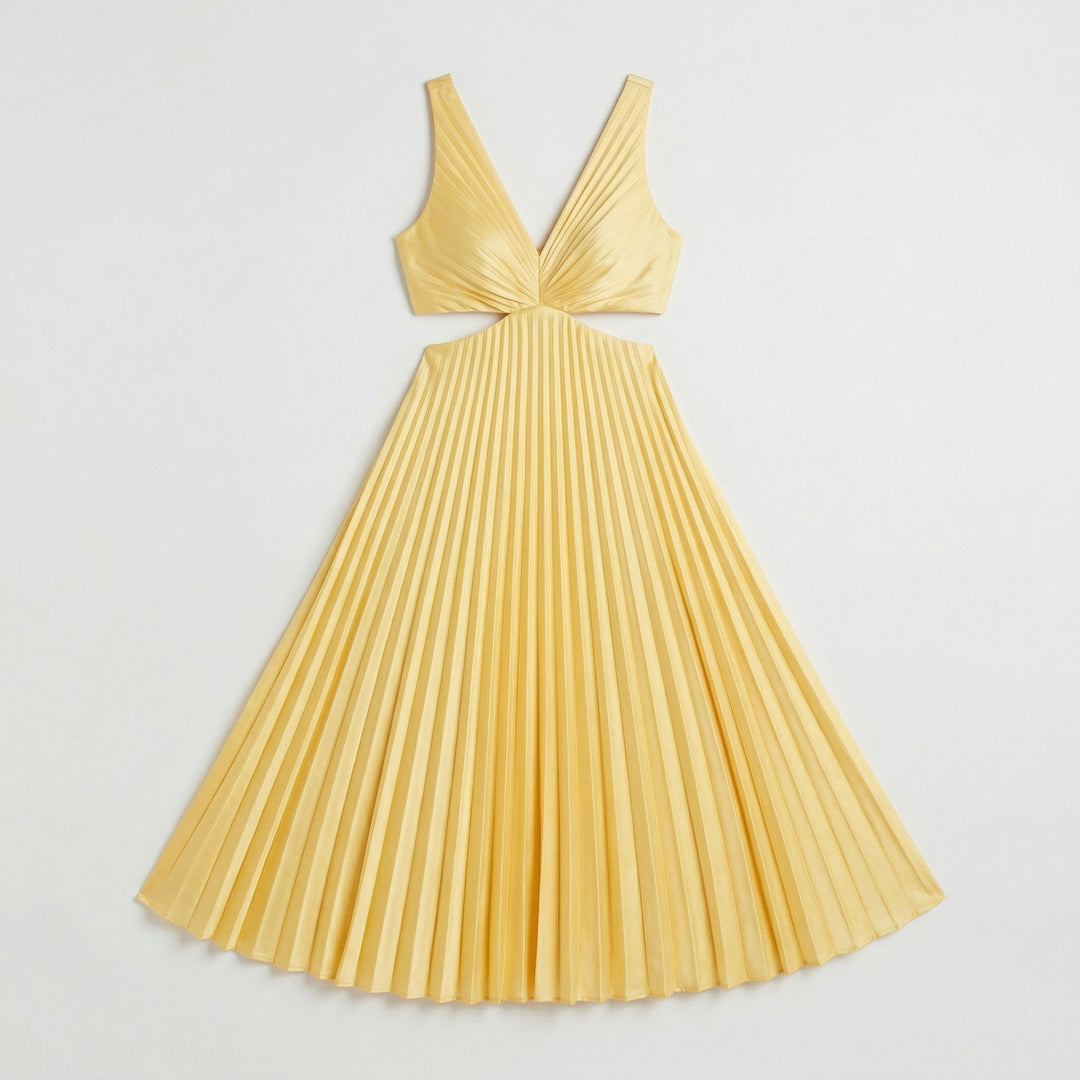 Gelbes Midikleid mit V-Ausschnitt, Cutouts und Plisseerock, Produktansicht